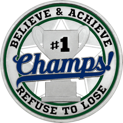 Navy Blue "Champs!" with Dark Green Outer Circular Borders